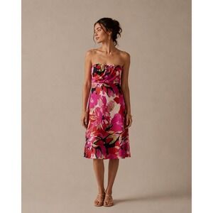Banana Republic 100% Silk Strapless Floral Midi Dress Pink Red Black Size 10